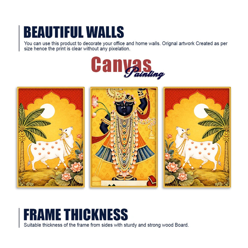 Classic Shrinath Ji Pichwai Wall Art Canvas Painting Set of Three