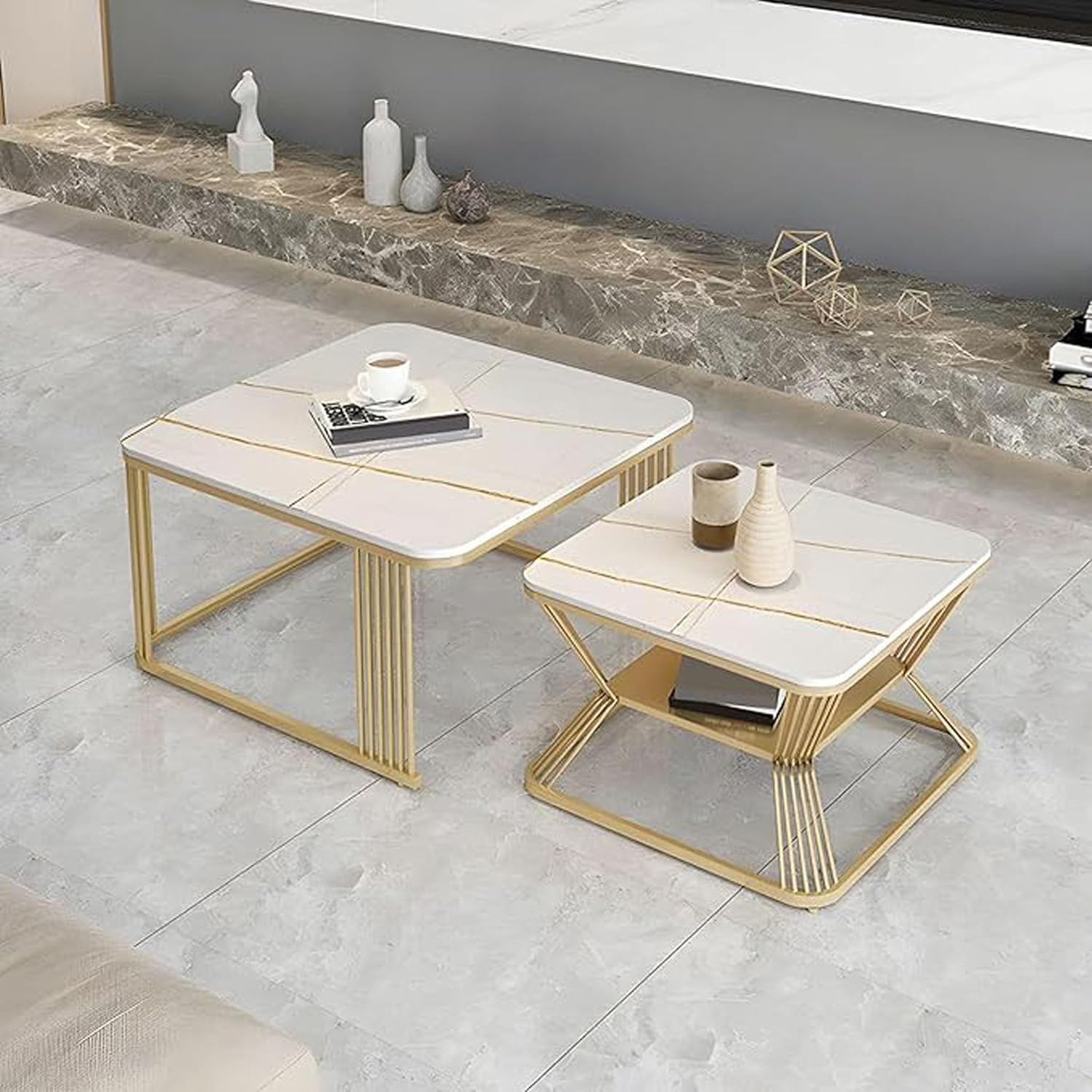 Classic Square Tethered Golden Metallic Table Set of 2