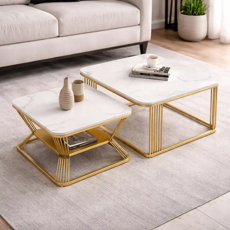 Classic Square Tethered Golden Metallic Table Set of 2