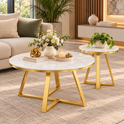 Classic White Hamilton Marble Round Coffee Table Set of 2