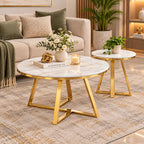 Classic White Hamilton Marble Round Coffee Table Set of 2