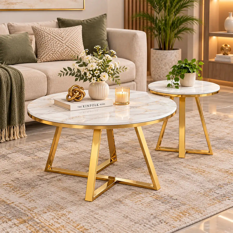 Classic White Hamilton Marble Round Coffee Table Set of 2