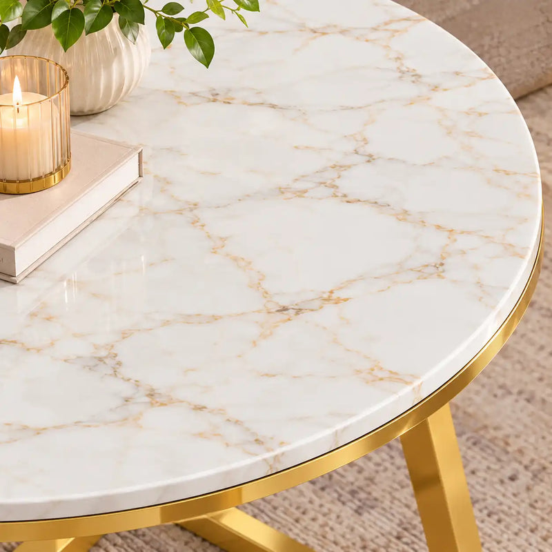Classic White Hamilton Marble Round Coffee Table Set of 2