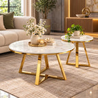 Classic White Hamilton Marble Round Coffee Table Set of 2