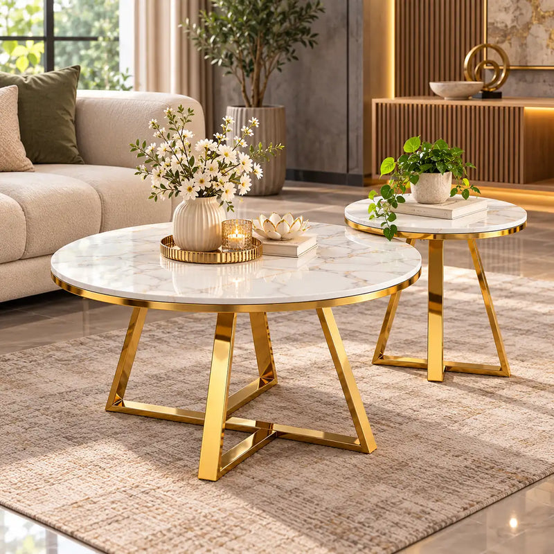 Classic White Hamilton Marble Round Coffee Table Set of 2
