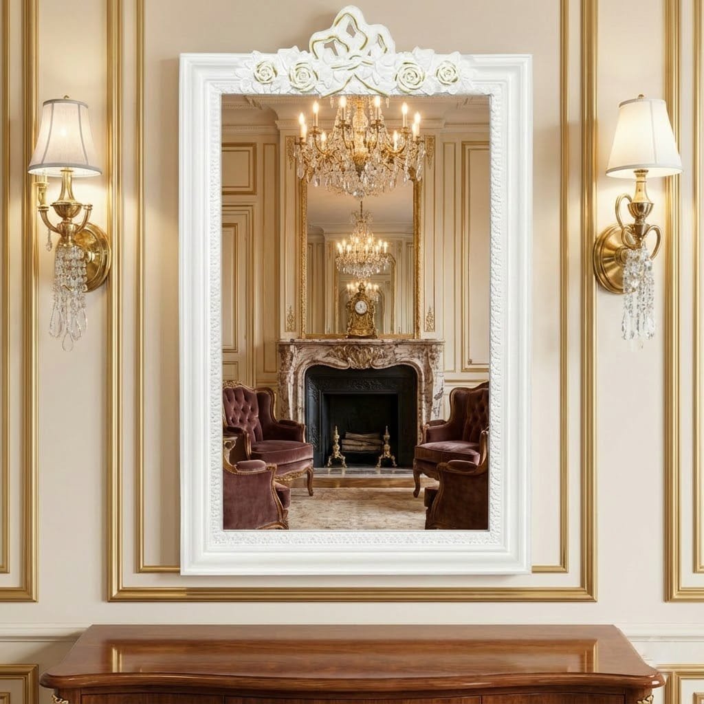 Classic White Wall Mirror with Floral Crown | Home Décor Mirror