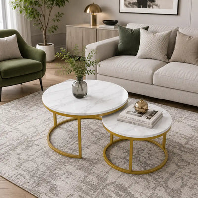Classic White with Golden Metallic Finish Round Coffee Table Set of 2