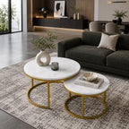 Classic White with Golden Metallic Finish Round Coffee Table Set of 2