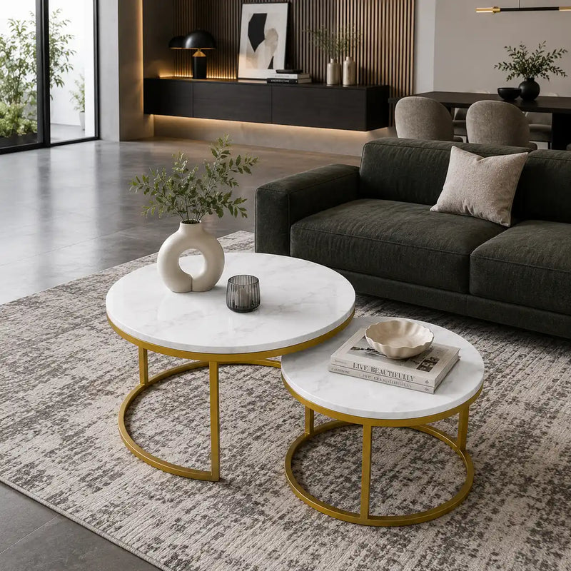 Classic White with Golden Metallic Finish Round Coffee Table Set of 2