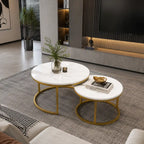 Classic White with Golden Metallic Finish Round Coffee Table Set of 2
