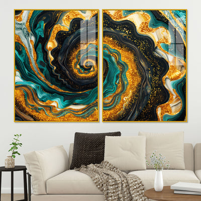 Premium Golden Crystal Circular Shape Acrylic Art Floating Wall Painting Set of 2