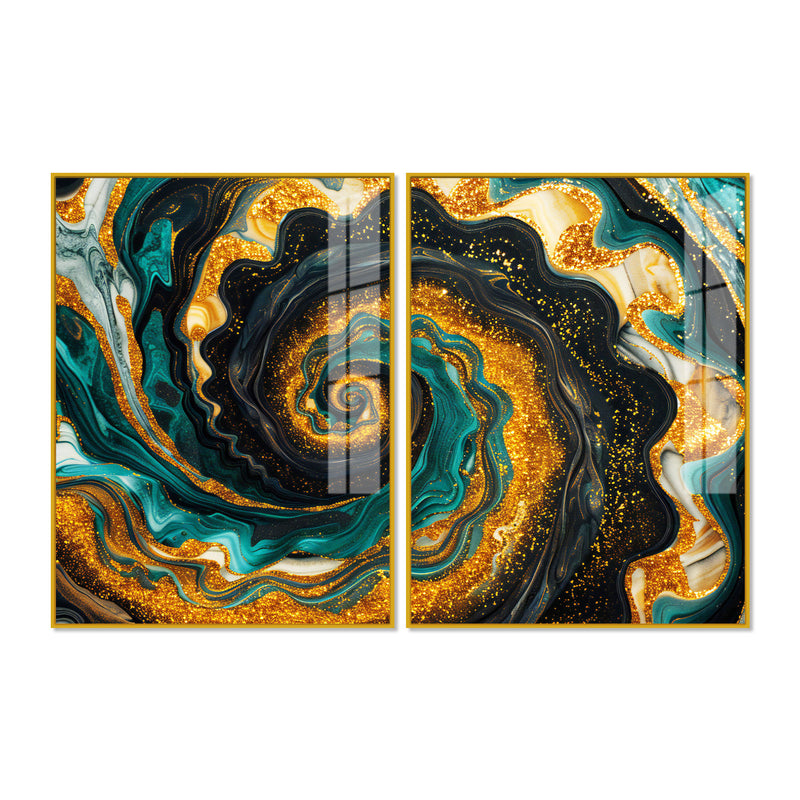 Premium Golden Crystal Circular Shape Acrylic Art Floating Wall Painting Set of 2
