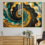 Premium Golden Crystal Circular Shape Acrylic Art Floating Wall Painting Set of 2