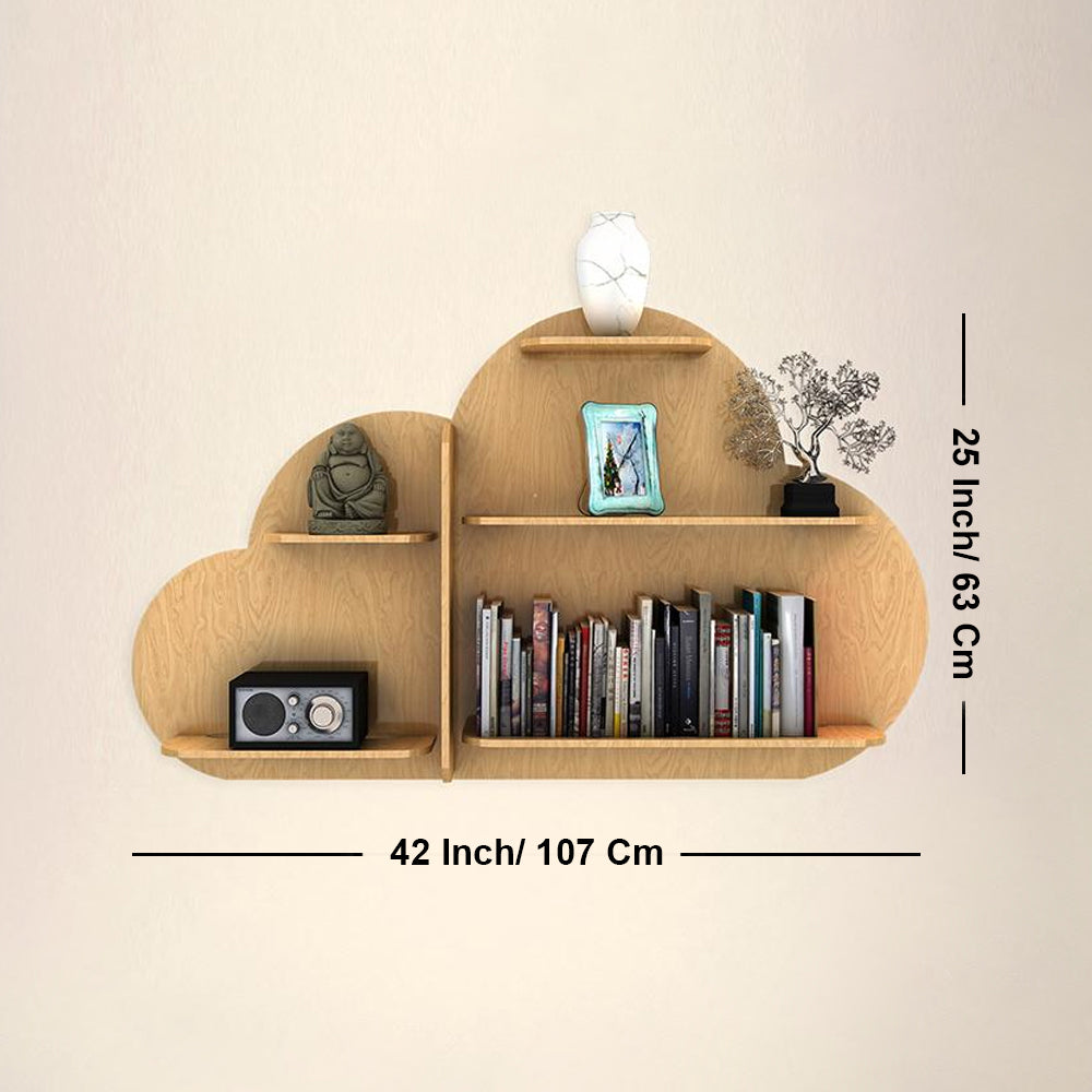 Cloud Shape Backlit Designer Wooden Wall Shelf / Book Shelf / Night Light, Light Oak Finish