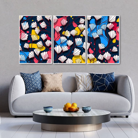 Colorful Abstract Flower Pattern Floating Canvas Wall Painting Set of Three