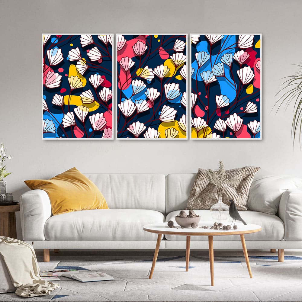 Colorful Abstract Flower Pattern Floating Canvas Wall Painting Set of Three