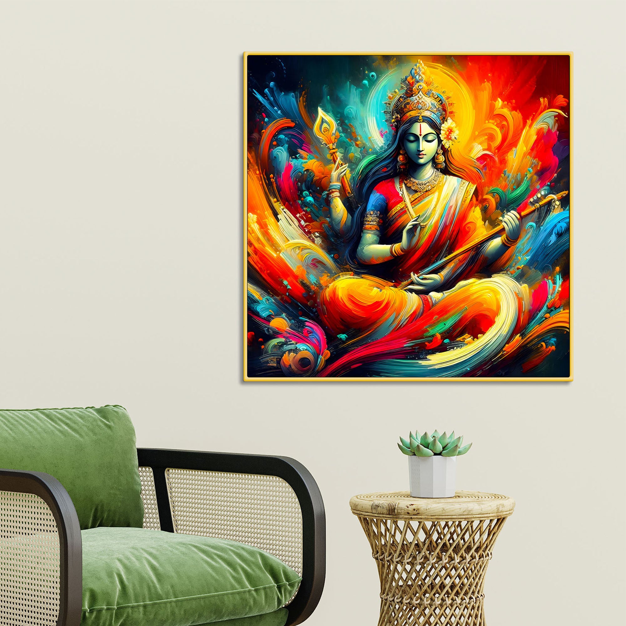 Colorful Abstract Saraswati Goddess Canvas Wall Painting