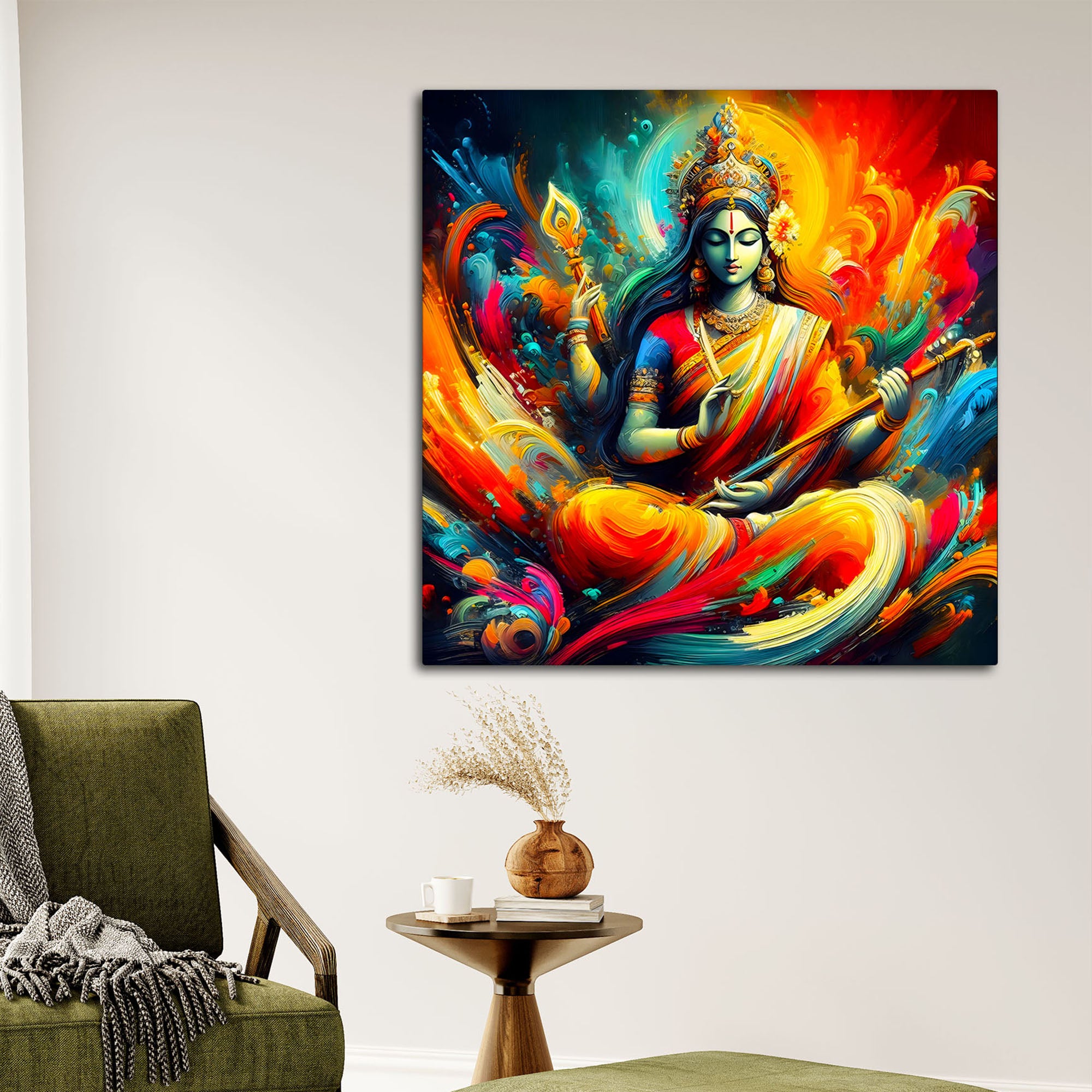 Colorful Abstract Saraswati Goddess Canvas Wall Painting