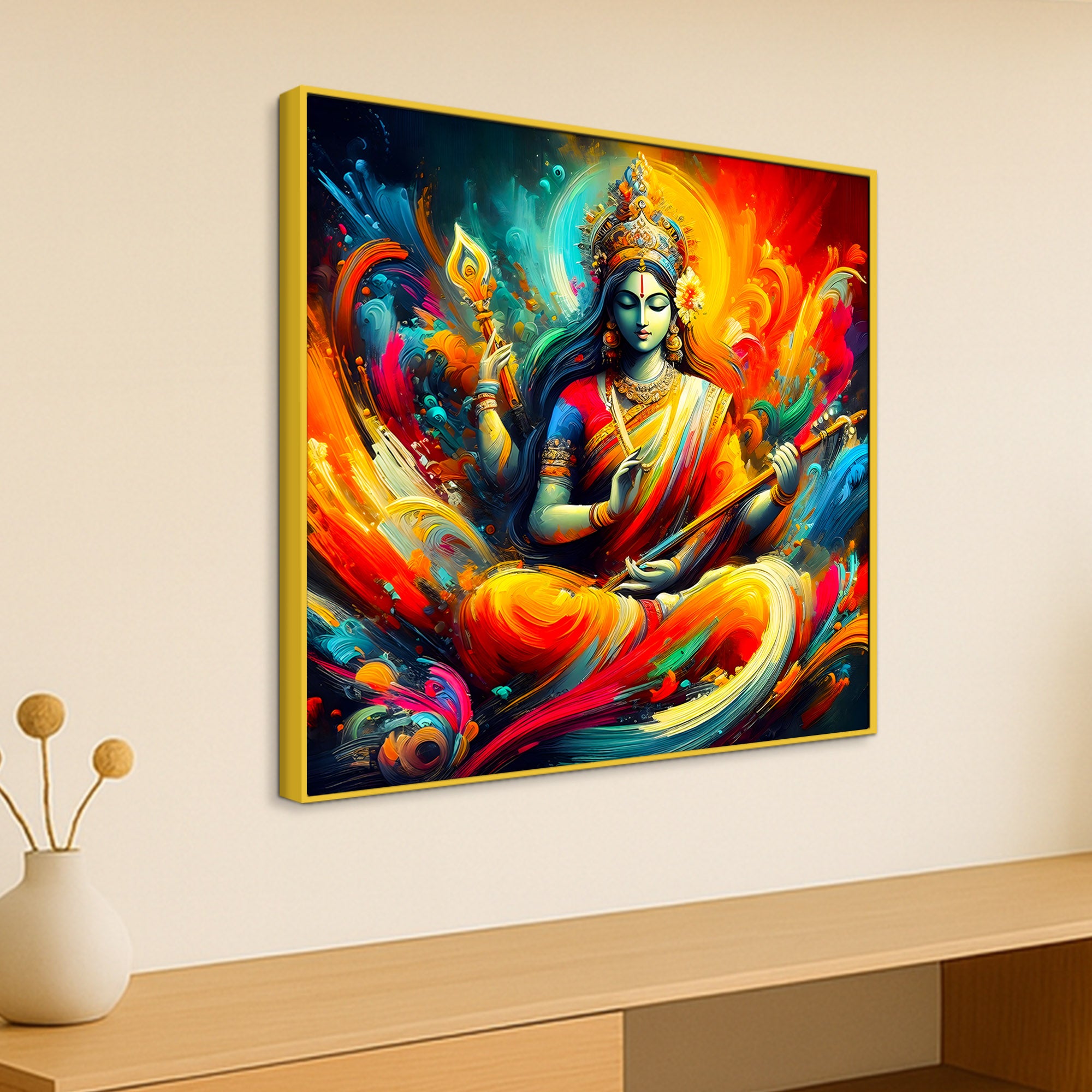 Colorful Abstract Saraswati Goddess Canvas Wall Painting