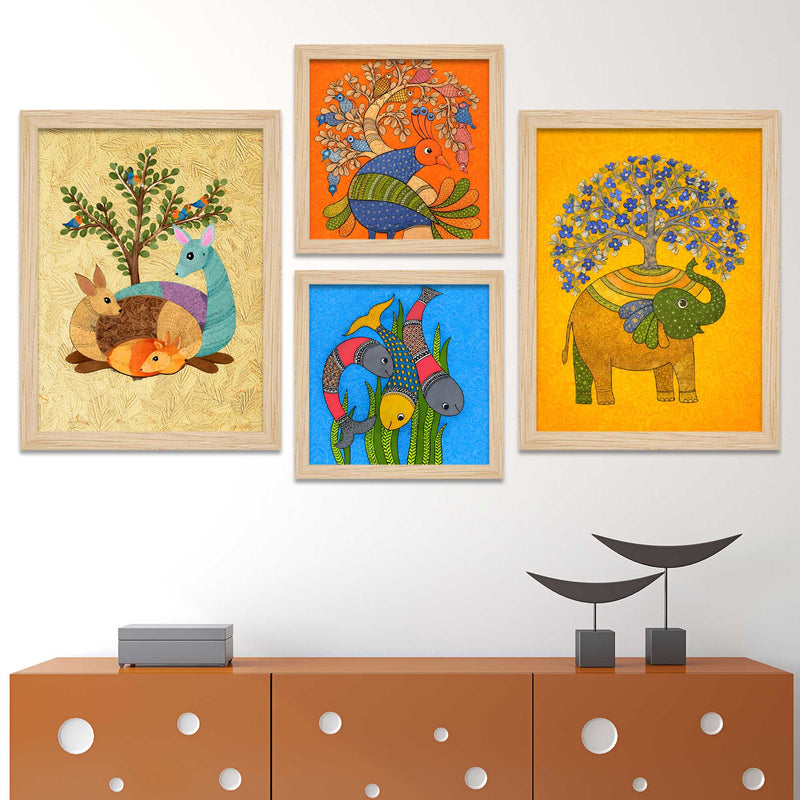 Colorful Animal Traditional Indian Folk Art Wall Frame Set of Four