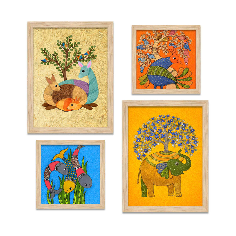Colorful Animal Traditional Indian Folk Art Wall Frame Set of Four