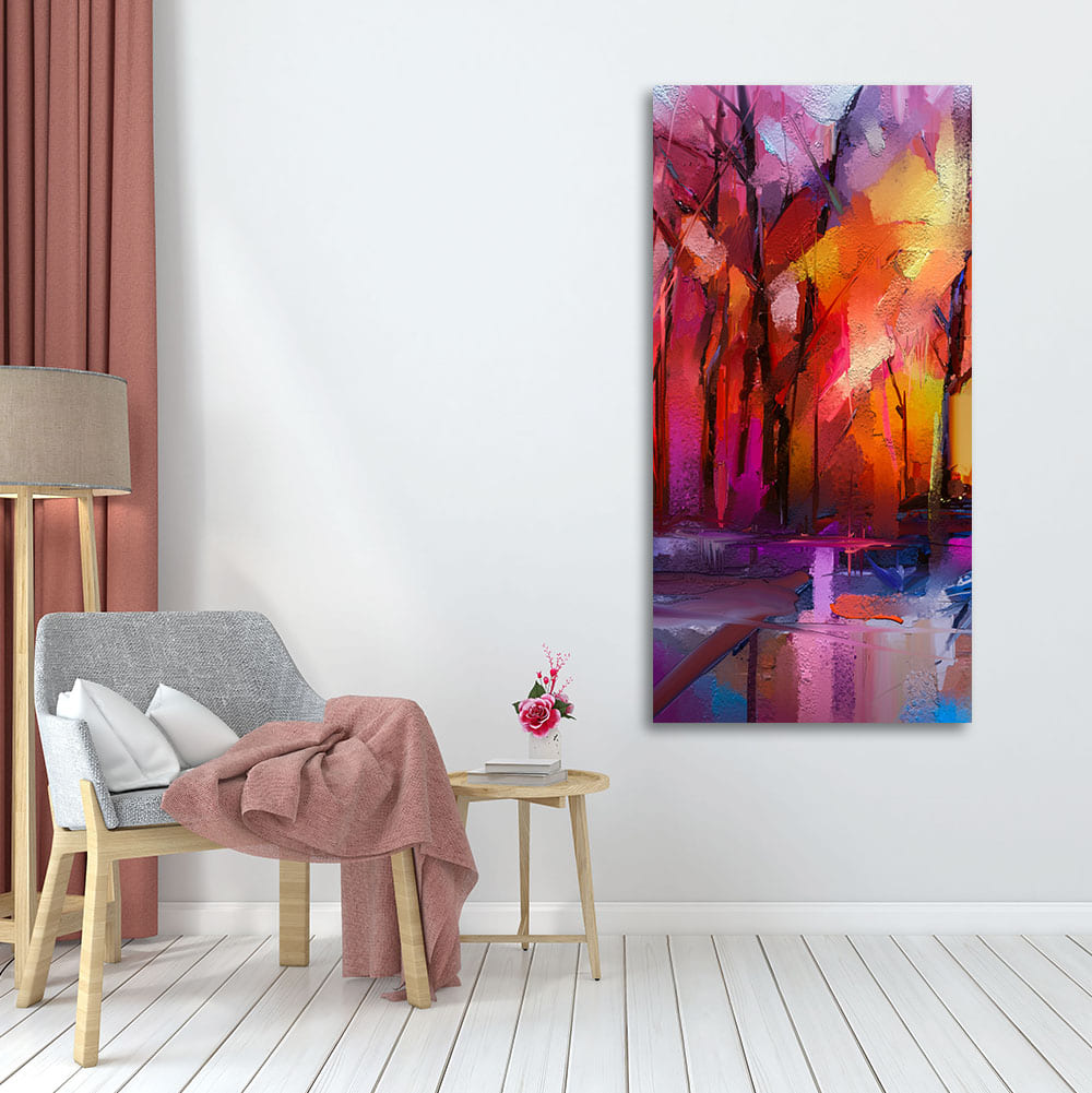 Colorful Autumn Trees Abstract Forest with Lake Canvas Wall Painting