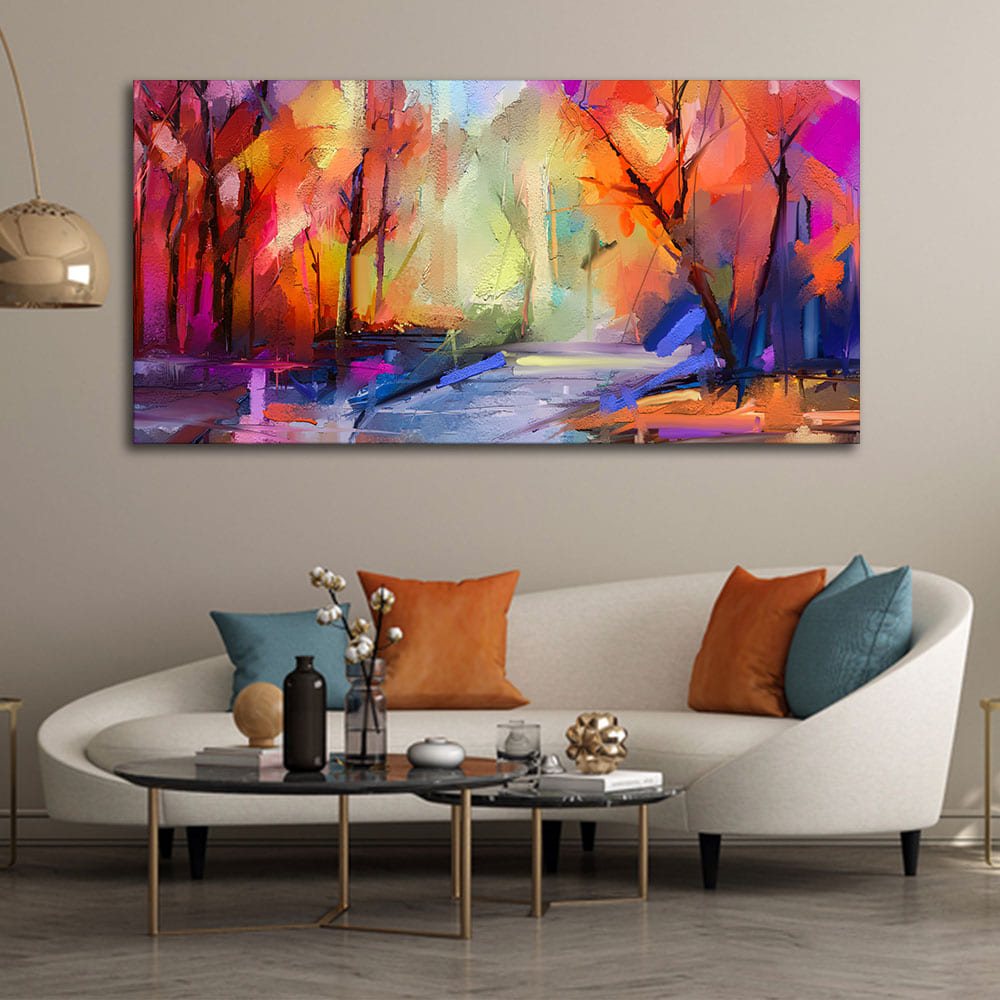 Colorful Autumn Trees Semi Abstract Forest with Lake Canvas Wall Painting