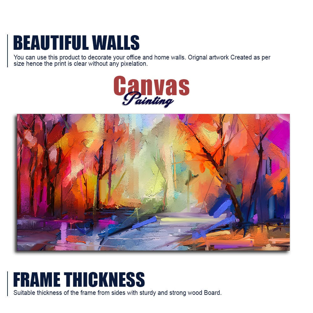 Colorful Autumn Trees Semi Abstract Forest with Lake Canvas Wall Painting