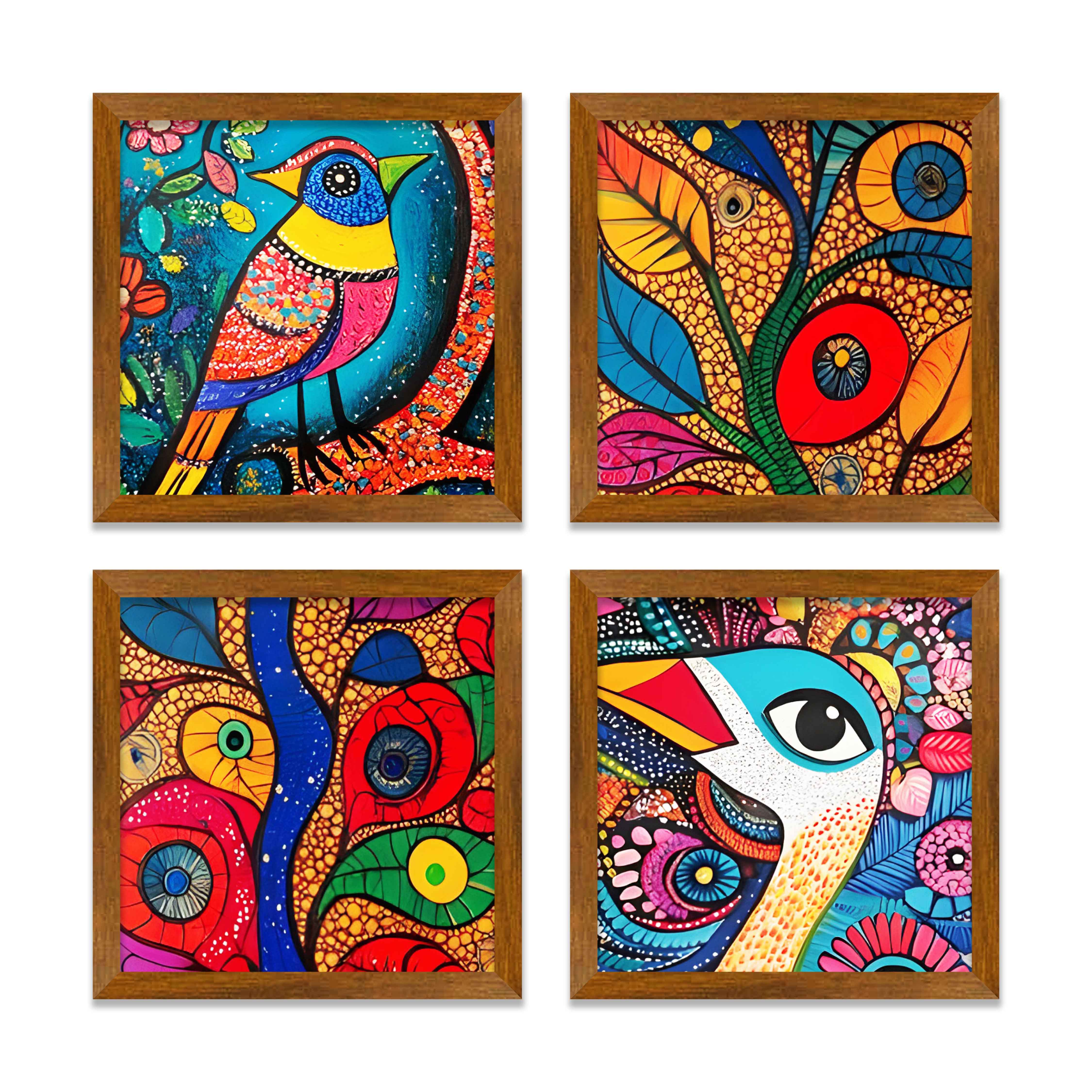 Colorful Bird and Pattern Wall Frame Set of Four