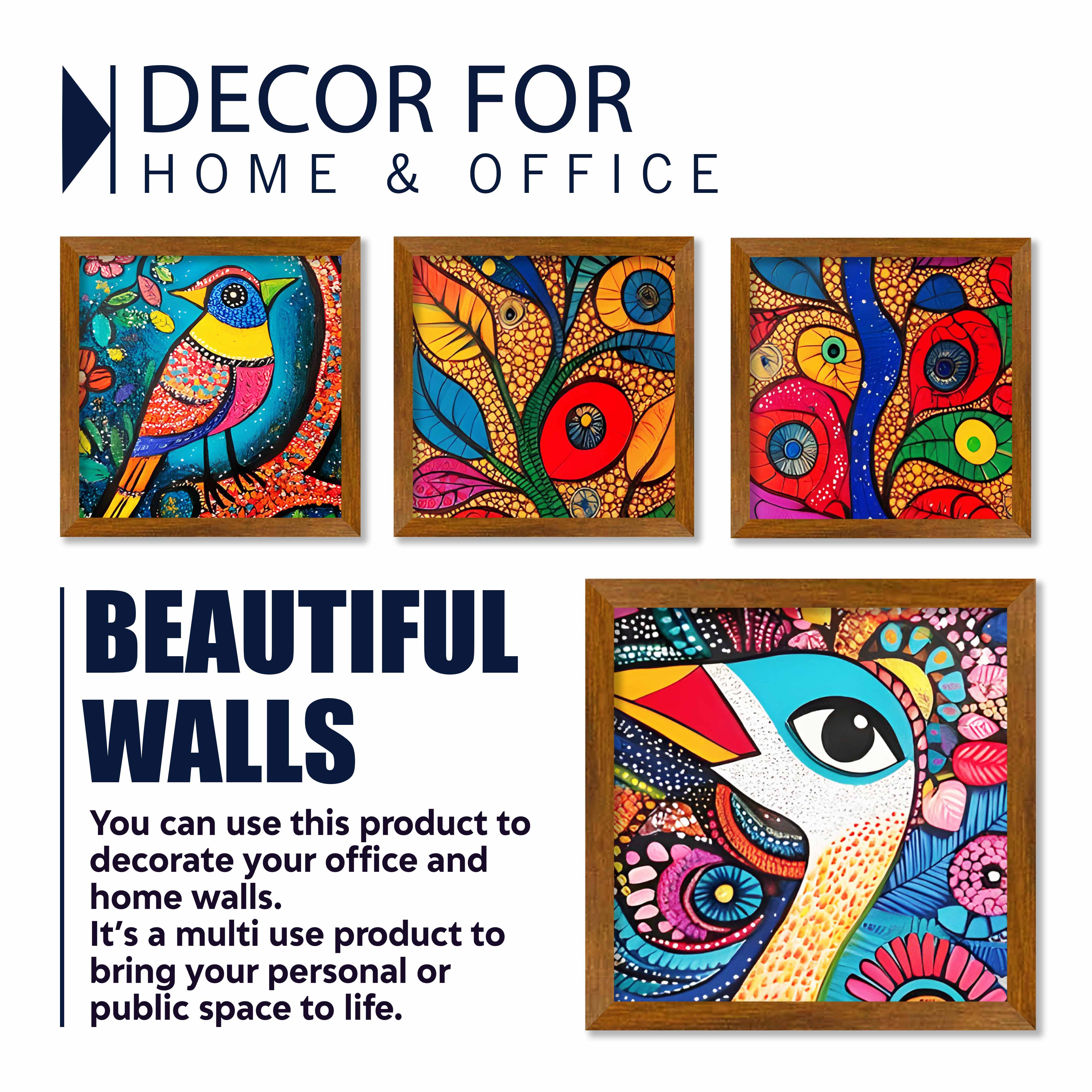 Colorful Bird and Pattern Wall Frame Set of Four