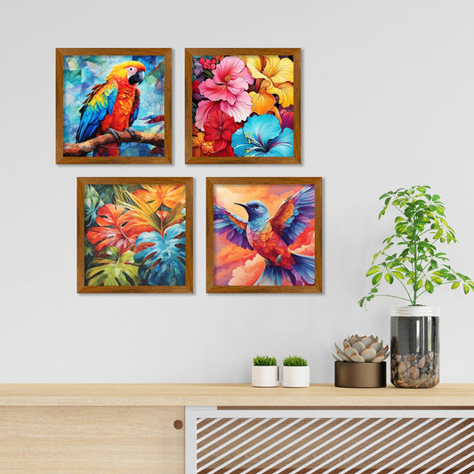 Colorful Bird Art Premium Wall Frame Set of Four