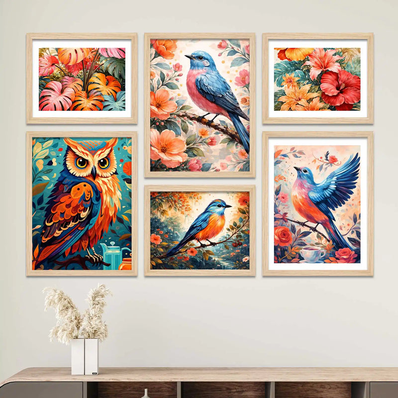 Colorful Bird Wall Art Frame Set of 6