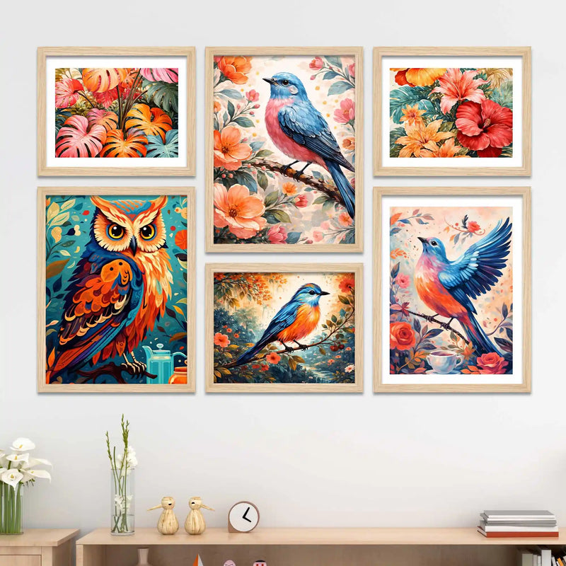 Colorful Bird Wall Art Frame Set of 6