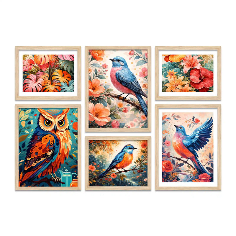 Colorful Bird Wall Art Frame Set of 6