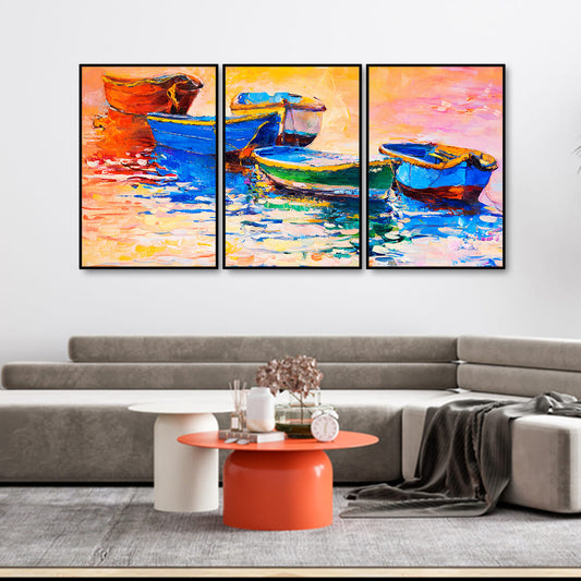 Colorful Boats Water Art Floating Canvas Wall Painting Set of Three