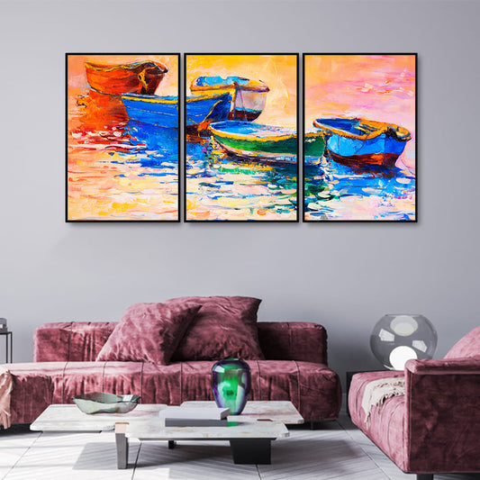 Colorful Boats Water Art Floating Canvas Wall Painting Set of Three