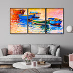 Colorful Boats Water Art Floating Canvas Wall Painting Set of Three