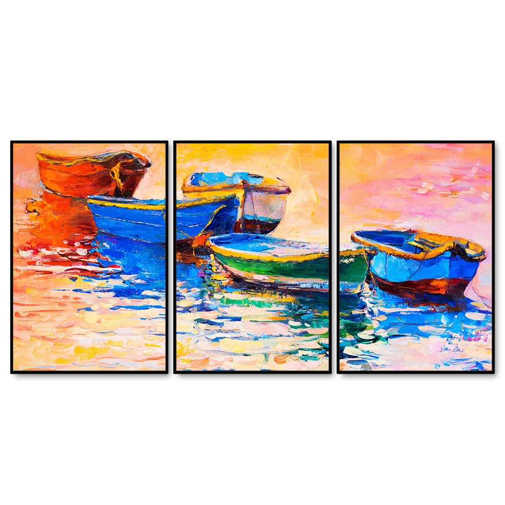 Colorful Boats Water Art Floating Canvas Wall Painting Set of Three