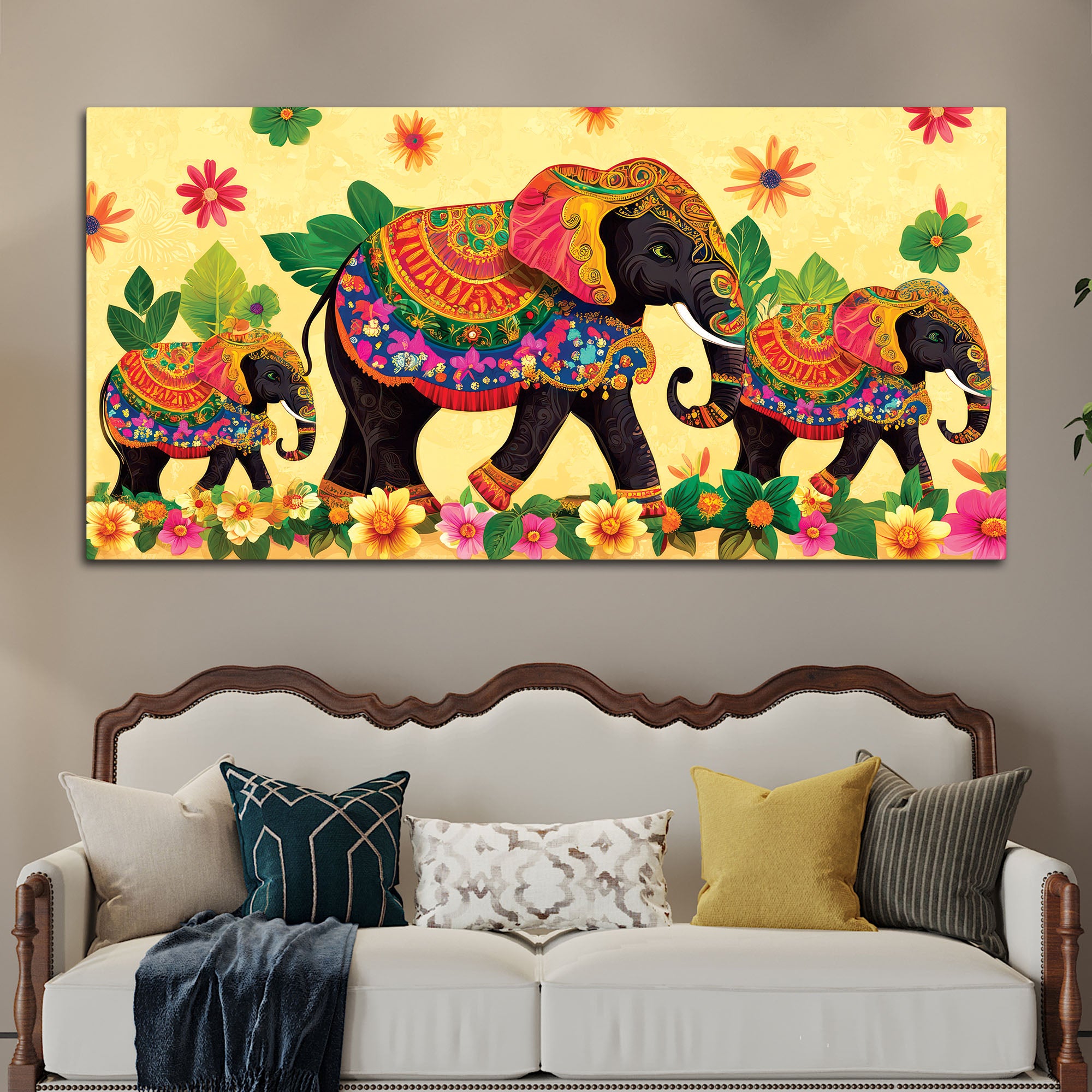 Colorful Elephant Family Premium Wall Painting