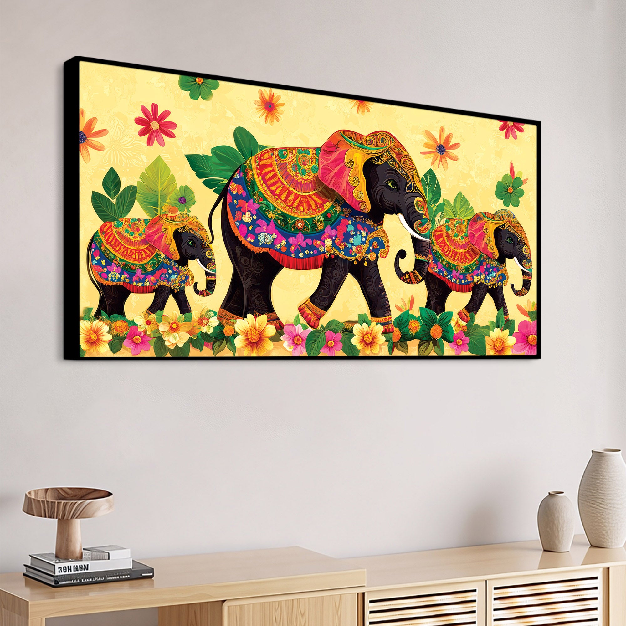 Colorful Elephant Family Premium Wall Painting