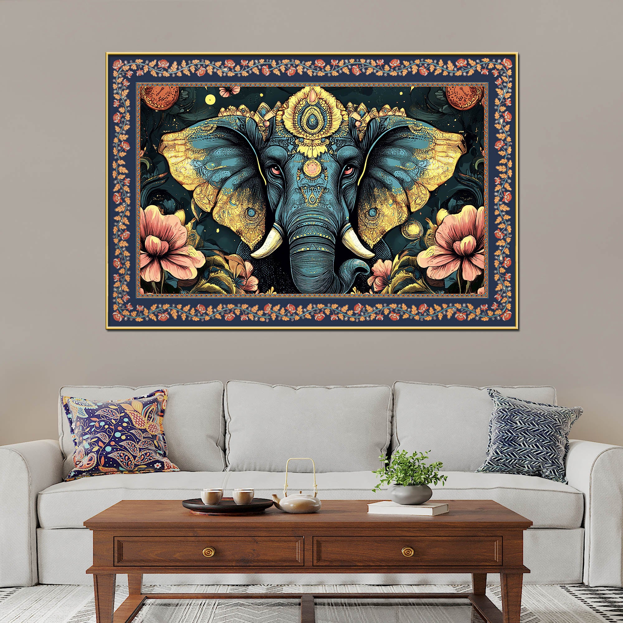 Colorful Elephant Forest Floral Border Canvas Wall Painting