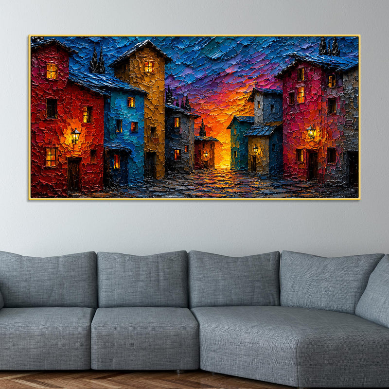 Colorful European Village Evening Scene 3D Canvas Wall Painting