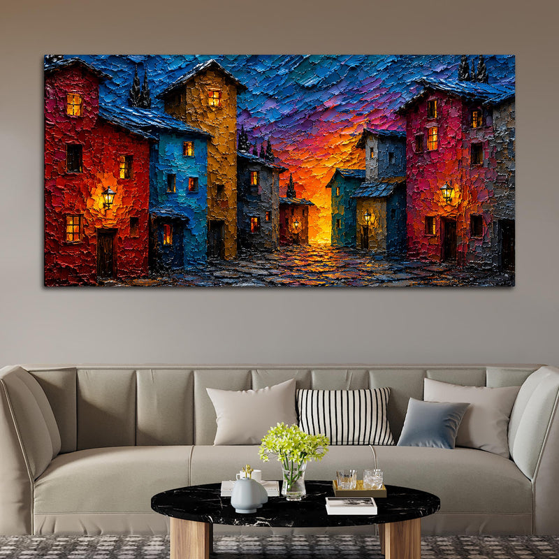 Colorful European Village Evening Scene 3D Canvas Wall Painting
