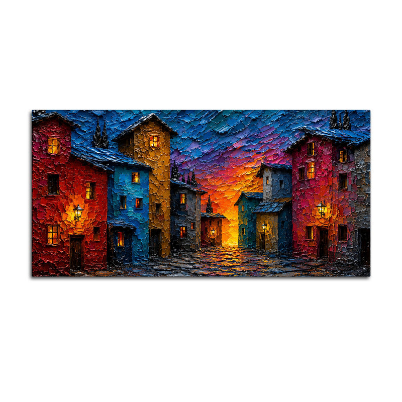Colorful European Village Evening Scene 3D Canvas Wall Painting