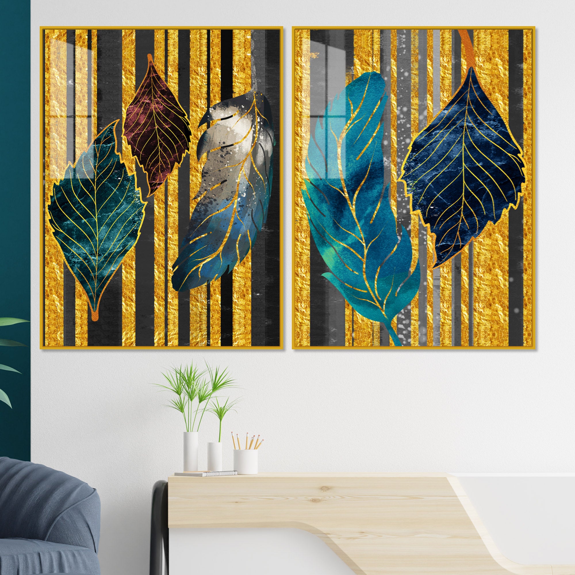 Colorful Feathers Premium Acrylic Art Floating Wall Painting Set of 2