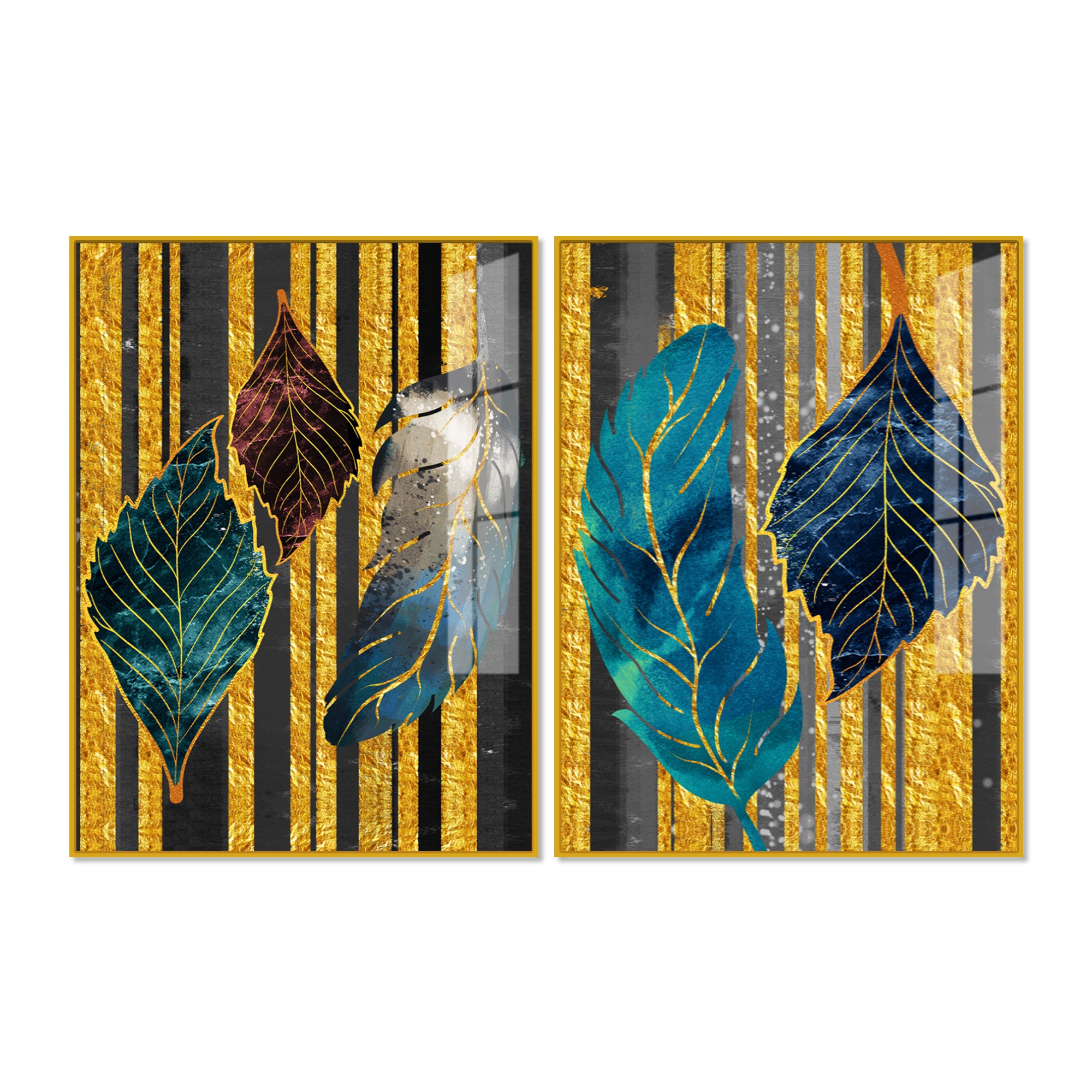 Colorful Feathers Premium Acrylic Art Floating Wall Painting Set of 2