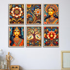 Colorful Floral Art & Royal Woman Wall Frame Set of Six