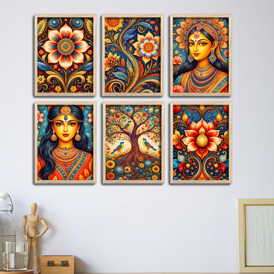 Colorful Floral Art & Royal Woman Wall Frame Set of Six