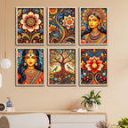 Colorful Floral Art & Royal Woman Wall Frame Set of Six