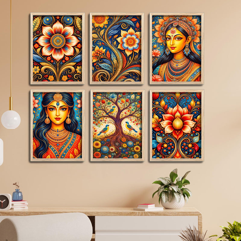 Colorful Floral Art & Royal Woman Wall Frame Set of Six